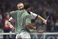 Pete Sampras is congratulated by Boris Becker